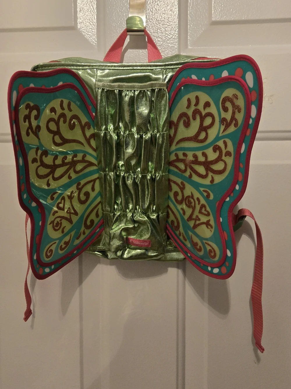American Girl Shiny Green Butterfly Wings Backpack with Pink Accents